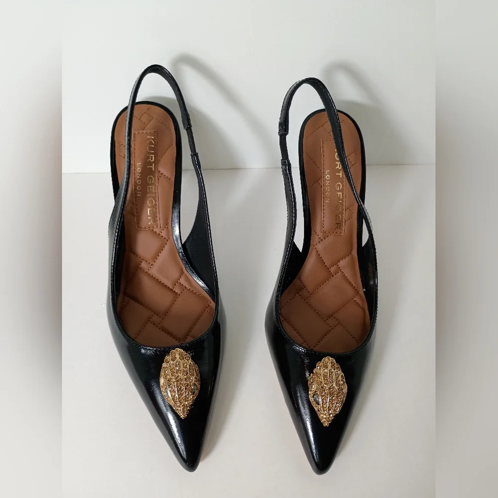 Kurt Geiger London Large Eagle Head Black Patent Leather Slingback Pumps - Picture 4 of 13